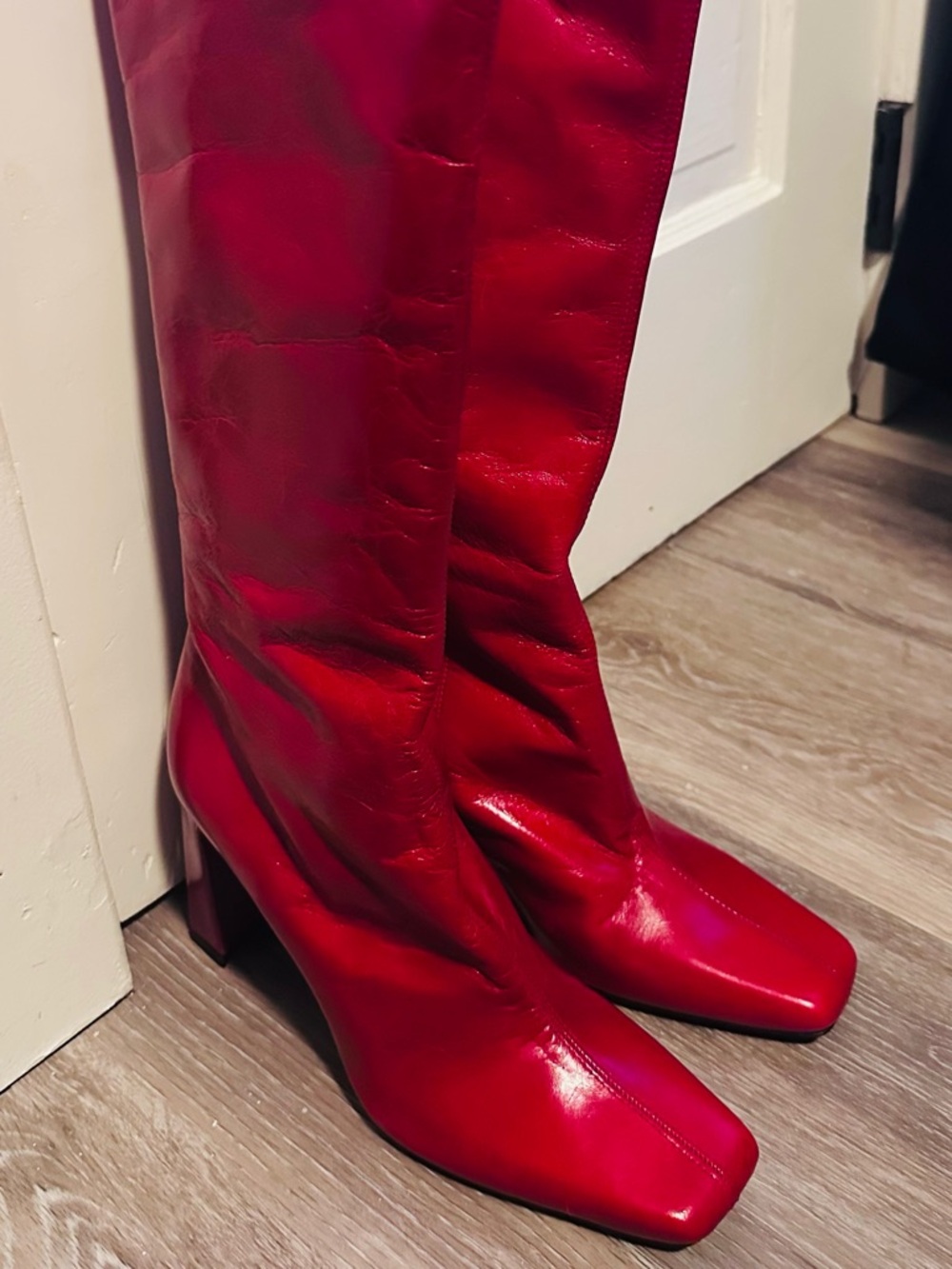 Zara Bright Red Knee-High Leather Boots with Block Heel